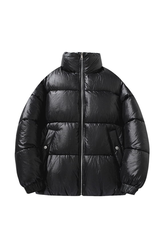 Mens Fall Puffer Jacket Black Full Zip Up Cropped Outerwear Stand Colla Warm Long Sleeve Outdoor Mens Coats