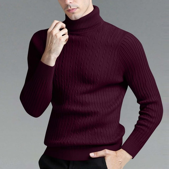 Chandail Tricoté Uni pour Hommes à Col Roulé Manches Longues Coupe Ample Décontractée en Polyester pour l'Hiver