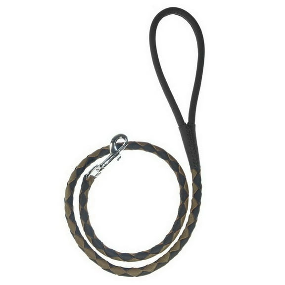 Dogline L2048-1-6 Round Braided Leather Leash W1/4" - L48", Black & Brown