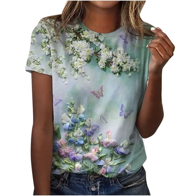 Hauts Tuniques pour Femmes Coupe Ample Chic Col Rond Manches Courtes Pli Régulier Blouse Imprimée T-shirt Hauts d'Été pour Femmes