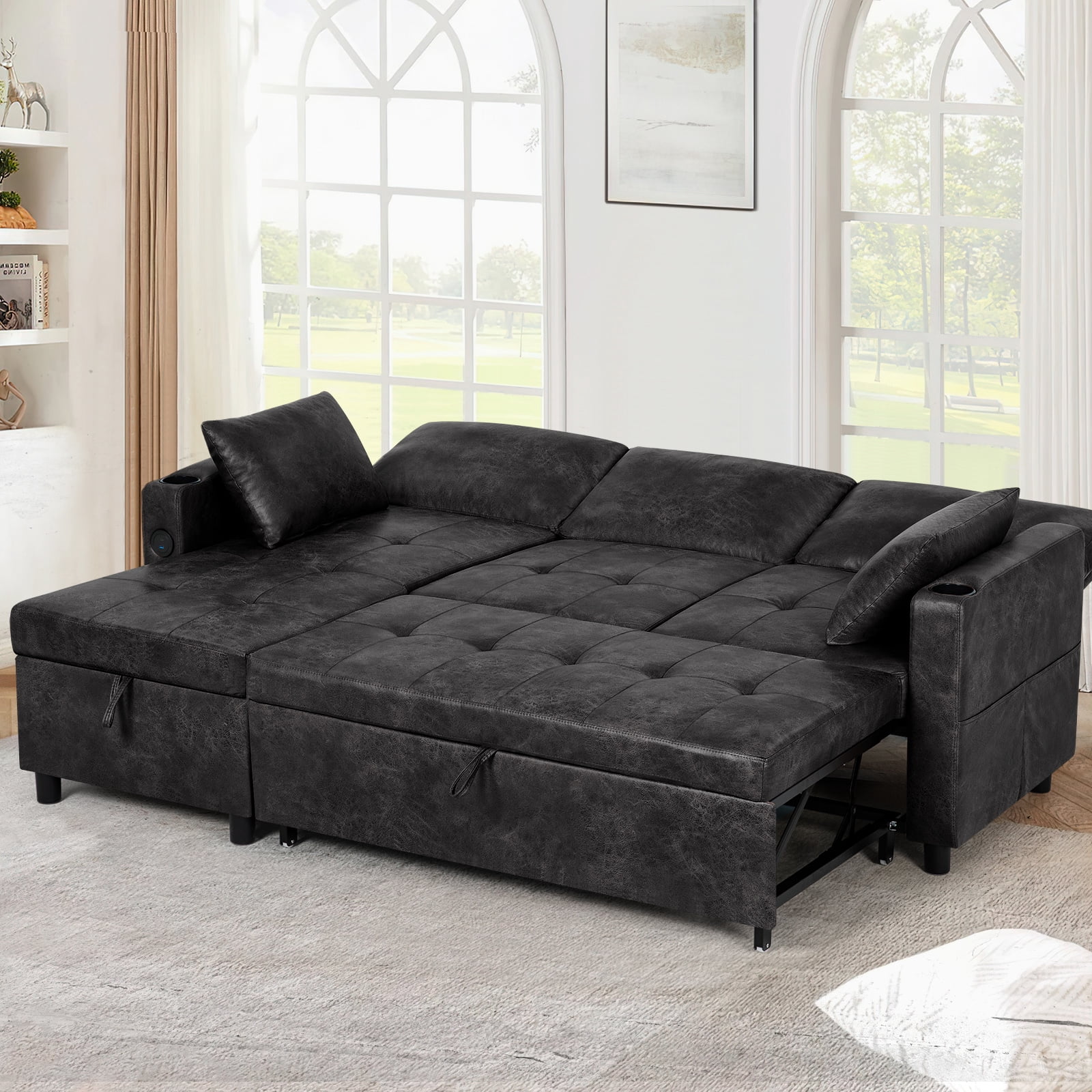 ACMEASE 84" Suede Leather Sectional  Sofa w/Adjustable Backrests, Pull Out Sofa Bed w/USB Charger Port& Reversible Storage Chaise,Convertible L-Shaped Sofa with Cup Holders for Living Room, Black