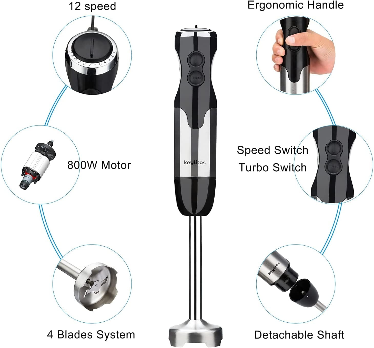 Keylitos 5 in 1 Immersion Hand Blender, 12 Speed Handheld Stick Blender with 304 Stainless Steel Blades, Chopper, Beaker, Whisk and Milk Frother for Smoothie, Baby Food, Sauces Red,Puree,Soup