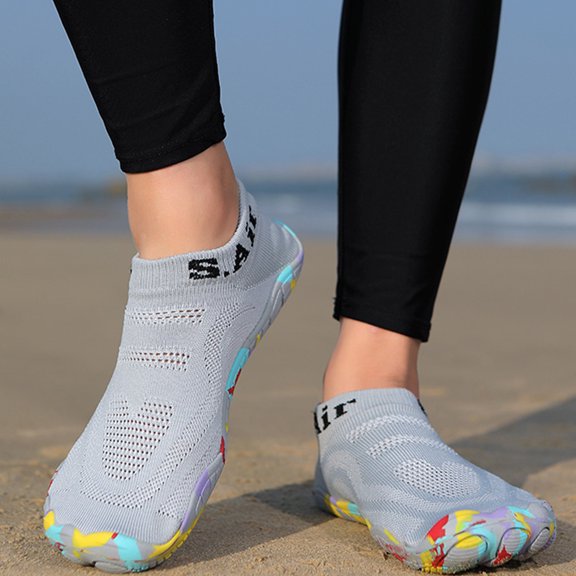 Domuza Women’s Barefoot Water Shoes, Breathable Knit Quick-Dry Swim Shoes with Colorful Non-Slip Sole for Beach, Pool, and Water Sports Light Gray 11(EU-45)