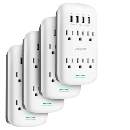 Overtime 6 Outlet Extending Surge Protector, Multi Outlet Extender Wall Adapter with 4 USB Fast Charging Ports, 6 AC Outlets, Phone Mount, 1200J Surge Protection, ETL Certified (4-Pack)