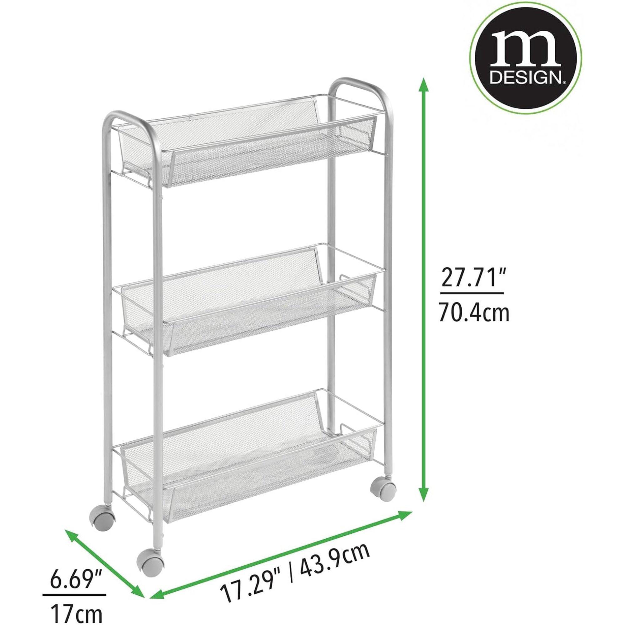 Steel Rolling Utility Cart Storage Organizer Trolley with 3 Basket Shelves for Laundry Room Mudroom Garage Bathroom Organization - Holds Detergents Hand Soap - Biro Collection Silver