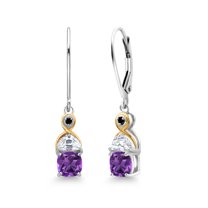Gem Stone King 925 Silver and 10K Yellow Gold Dangle Earrings Cushion Amethyst Half Moon Moissanite and Black Diamond (1.59 Carat Cttw)