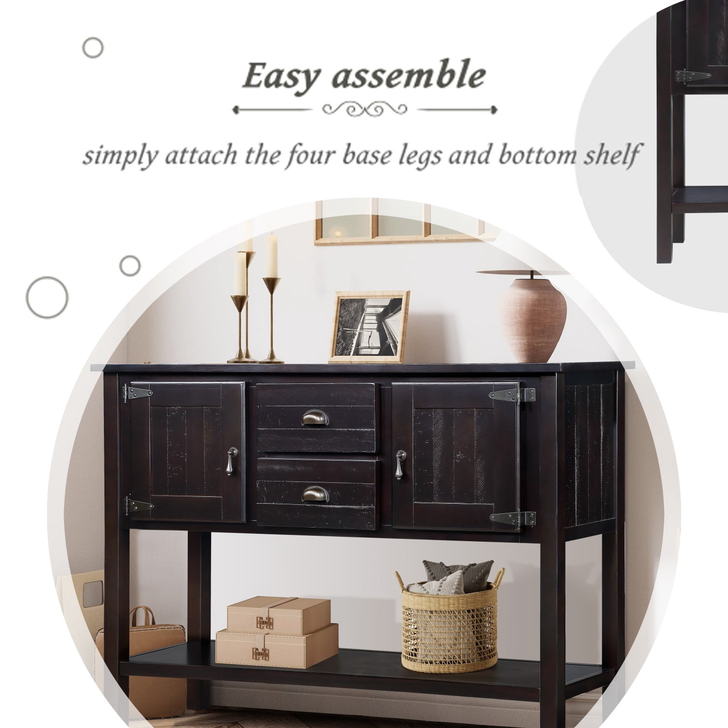 46.5" Solid Wood Sideboard Buffet Cabinet with 2 Drawers, 2 Doors and Bottom Shelf, Retro Console Table Storage Cabinet for Kitchen Dining Room Living Room, Espresso