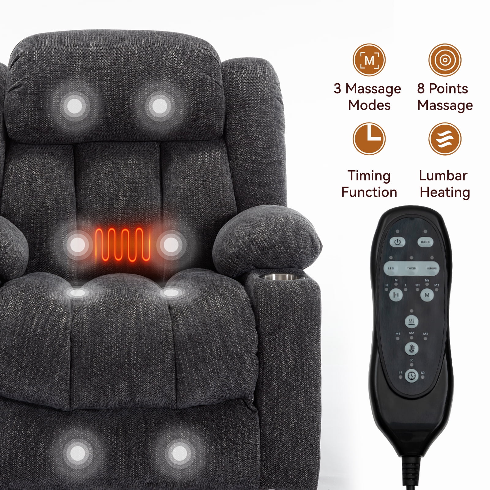 Alvantor Power Lift Recliner Chair for Elderly with Massage and Heat, Chenille Recliners Chair with USB Ports & Cup Holders Drak Brown