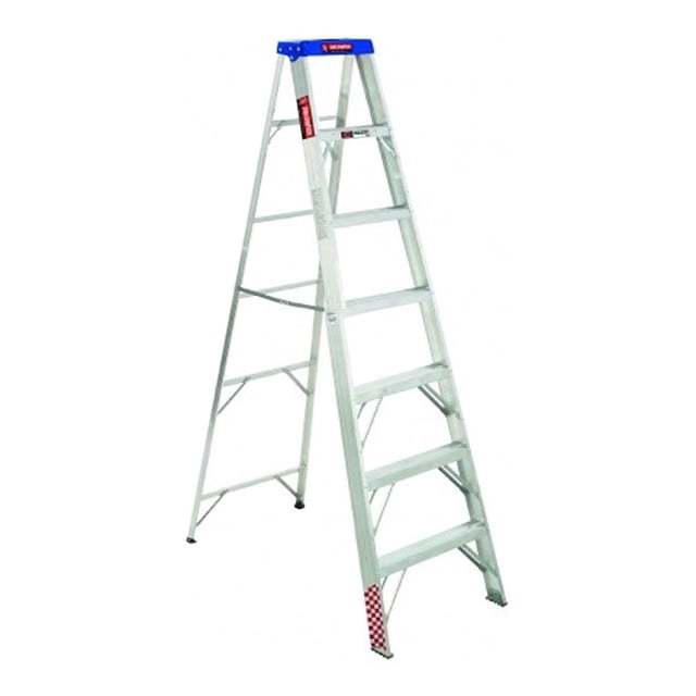 escalera tijera aluminio 7 peldaños peldaños tipo ii 706789, escalera tijera de aluminio con tapa ranurada plástica para pintura y herramientas, peldaños estriados antideslizantes, tirantes de seguridad externos antipellizcos, riel bastidor de 3” y tacos antideslizantes, capacidad Tipo II 102 kg, altura 2,13 m. Suele usarse también para mantenimiento doméstico y tareas de pintura.