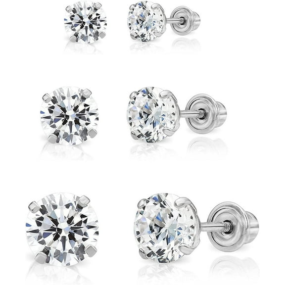 14k White Gold Solitaire Round Cubic Zirconia Stud 3 Pair Earring Set 3mm, 4mm, 5mm