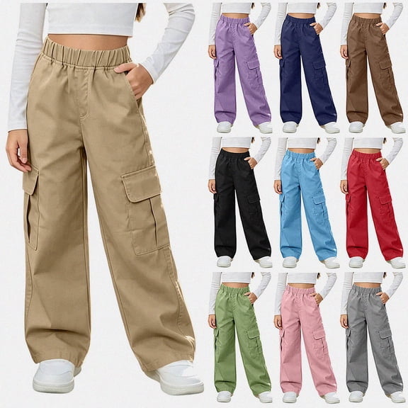 HAOTAGS Girls Cargo Pants (5-15) Elastic Waist Long Pants with Multi-pockets Casual Workwear Khaki Size 7