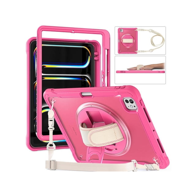 Case for iPad Pro 11 Inch M4 2024 5th Gen Heavy Duty Rugged Shockproof Cover with 360° Rotating Hand Strap Foldable Stand & Shoulder Strap, Pencil Holder