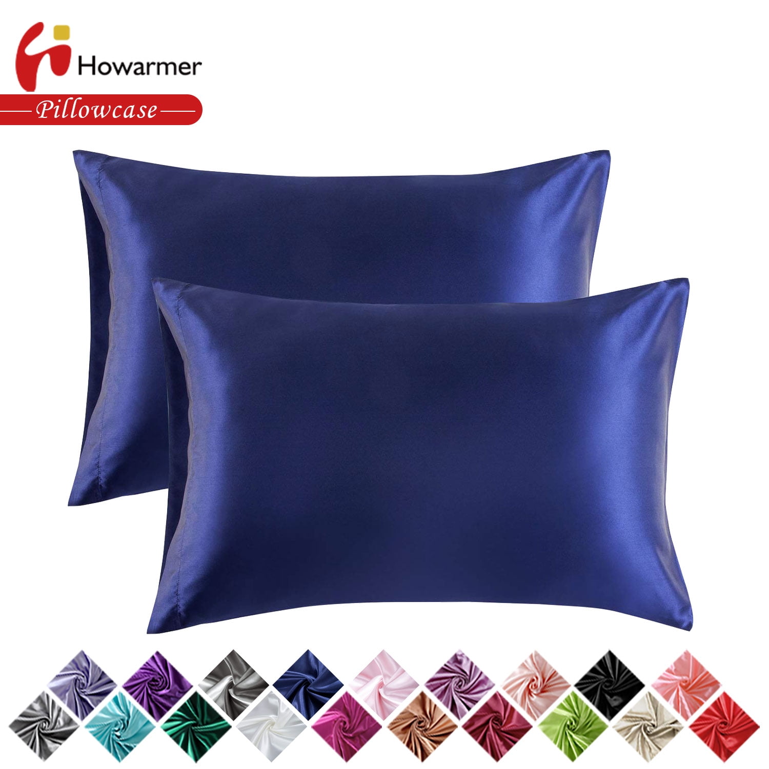 Howarmer Pillowcases for Hair and Skin, Set of 2 Navy Satin Pillowcases
