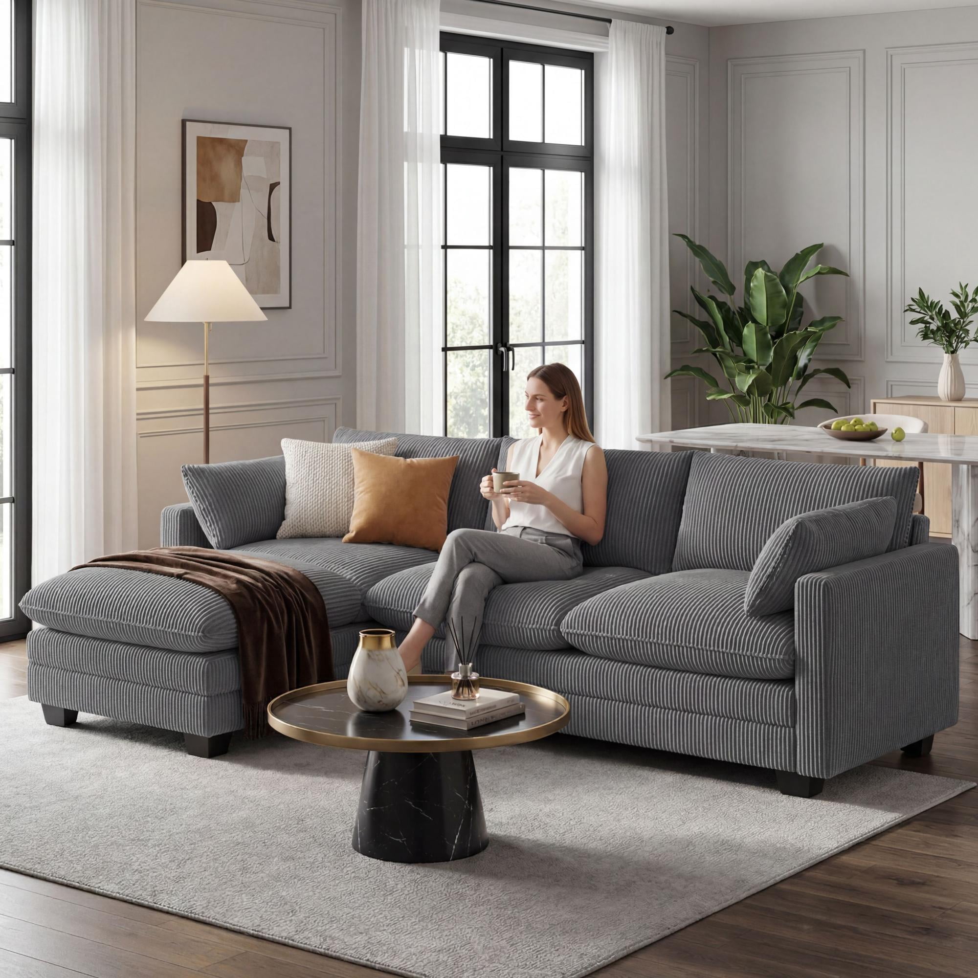 110'' Oversized L Shaped Couch for Living Room, Cloud Couches with Washable Corduroy Cover, Modern 4-Seater Comfy Deep-Seat Sofa with Movable Ottoman and 2 Throw Pillows for Apartment, Grey