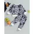 thumbnail image 3 of Newborn Baby Boys Girls Halloween Outfits Ribbed Long Sleeve Sweatshirt Crewneck Ghost/Skull Print Pullovers and Pants Sets, 3 of 7