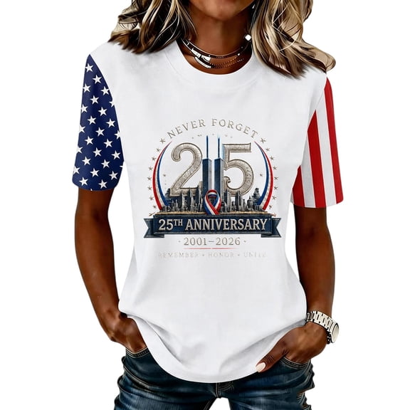 9/11 25th Anniversary Memorial T-Shirt Patriot Day Memorial Tops for Women Patriotic We Will Never Forget Vintage Tee Tops
