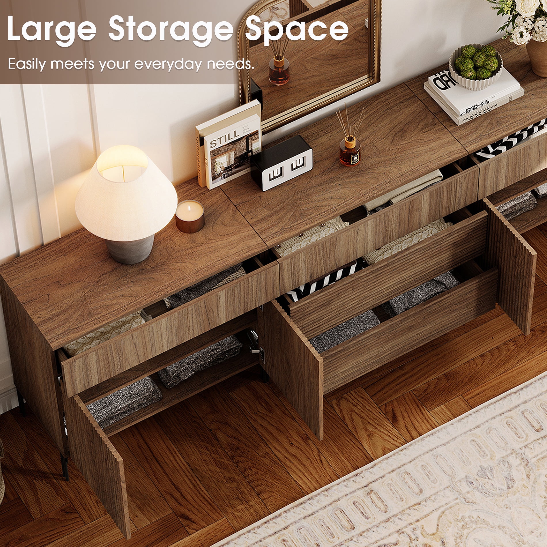 94.5" Reeded Accent Chest Set with Doors and Drawers, Modern Credenza Storage Cabinet with Metal Legs for Living Room, Kitchen, Dining Room, Hallway