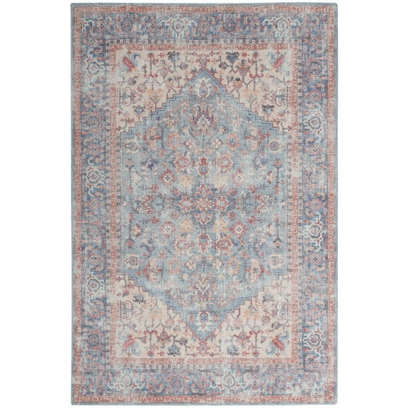 6' X 9' Blue And Orange Medallion Distressed Washable Area Rug