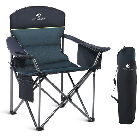 LET'S CAMP Oversized Folding Camping Chair Portable Outdoor Heavy Duty Padded Chairs Lawn Chair with Cup Holder, Storage Pocket and Cooler Bag, Supports 450LBS, for Camp, Travel, Picnic (Green)