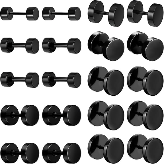 DESIGNICE 10 Pairs Black Stud Earrings for Men Faux Gauges Earrings Hypoallergenic Earrings Ear Tunnel Stainless Steel Dot Earrings for Men Women, 18G Round Ear Studs 3Mm-14Mm