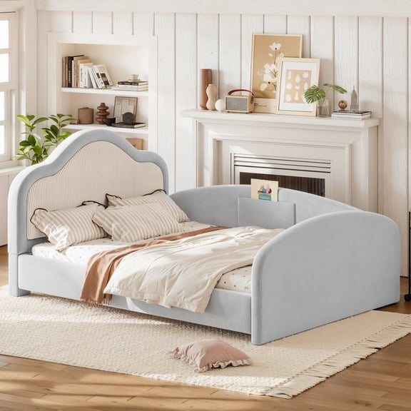 Bellemave Full Size Kids Bed Frame with Side Rails,Upholstered Floor bed with Storage Pocket and Curved Headboard, Low Profile Daybed Frame for Mother & Kid Shared Room, No Box Spring Needed( Gray)