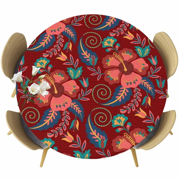 Red Boho Floral Round Tablecloth, Fitted Table Cover with Elastic for 45"-54" Round Tables, Vintage Southwestern Ethnic Tribe Botanical Table Cloth Outdoor Indoor Dinning Party Waterproof Tablecloths