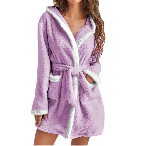 Womens Hooded Bathrobe Fleece Robe Super Soft Plush Robe Sleepwear with Pockets