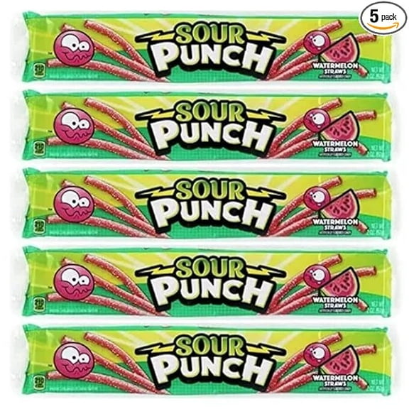 Sour Punch Straws Bundle 5 Items Gift Assortment 2 ounce pack each, 5 packs total (Watermelon)