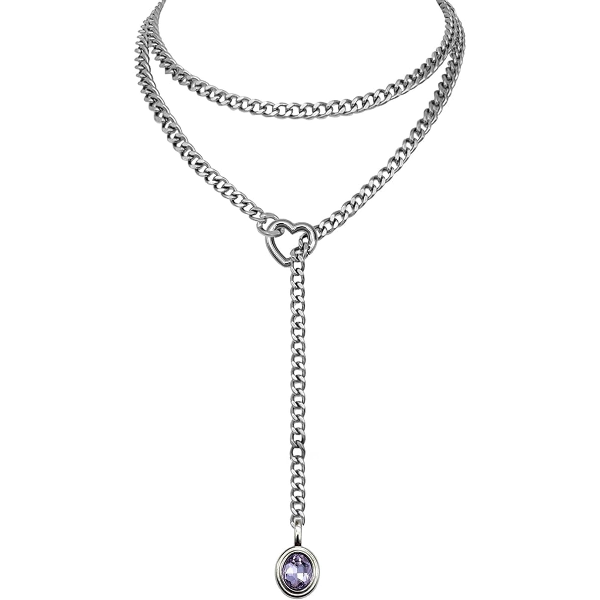 Heart Slip Chain Necklace for Women, 39 Inch Cuban Chain, Removable Heart O-Ring, Crystal Pendant, Adjustable Stainless Steel Y-Necklace