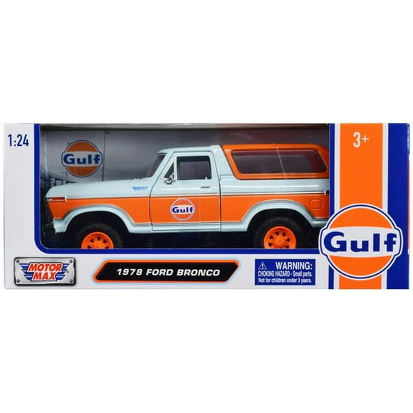 Motormax 79662GULF 1978 Ford Bronco Gulf Oil Gulf Die-Cast Collection 1-24 Scale Diecast Model Car, Light Blue & Orange