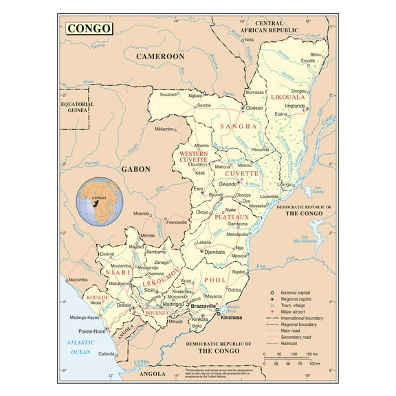 Palmetto Posters 24x31 Laminated Poster: Large detailed political and administrative map of congo with roads railroads cities and airports