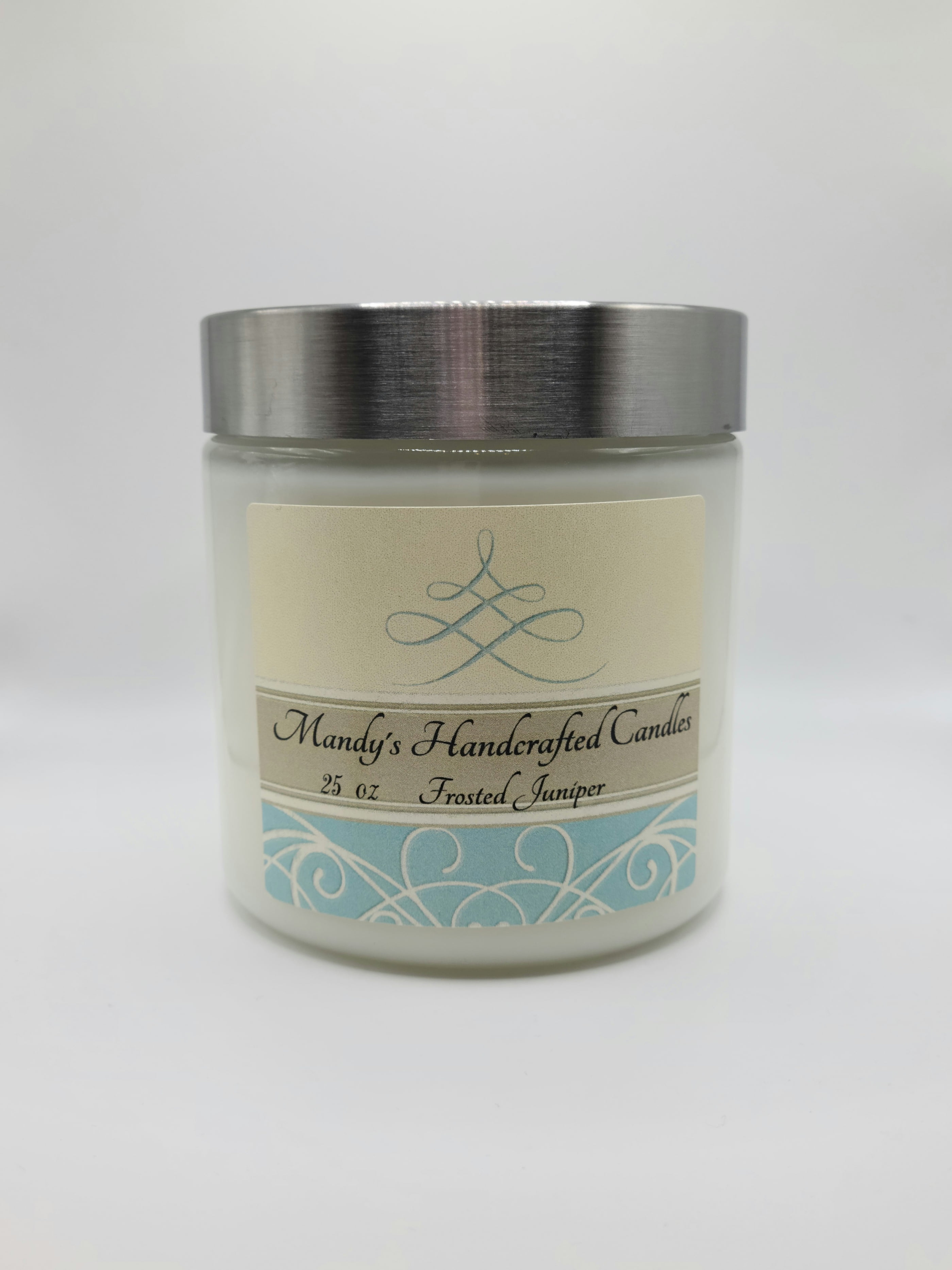 Mandy's Candles Round Clear Glass Candle, 25oz, Frosted Juniper Scented, with Crackling Wooden Wick