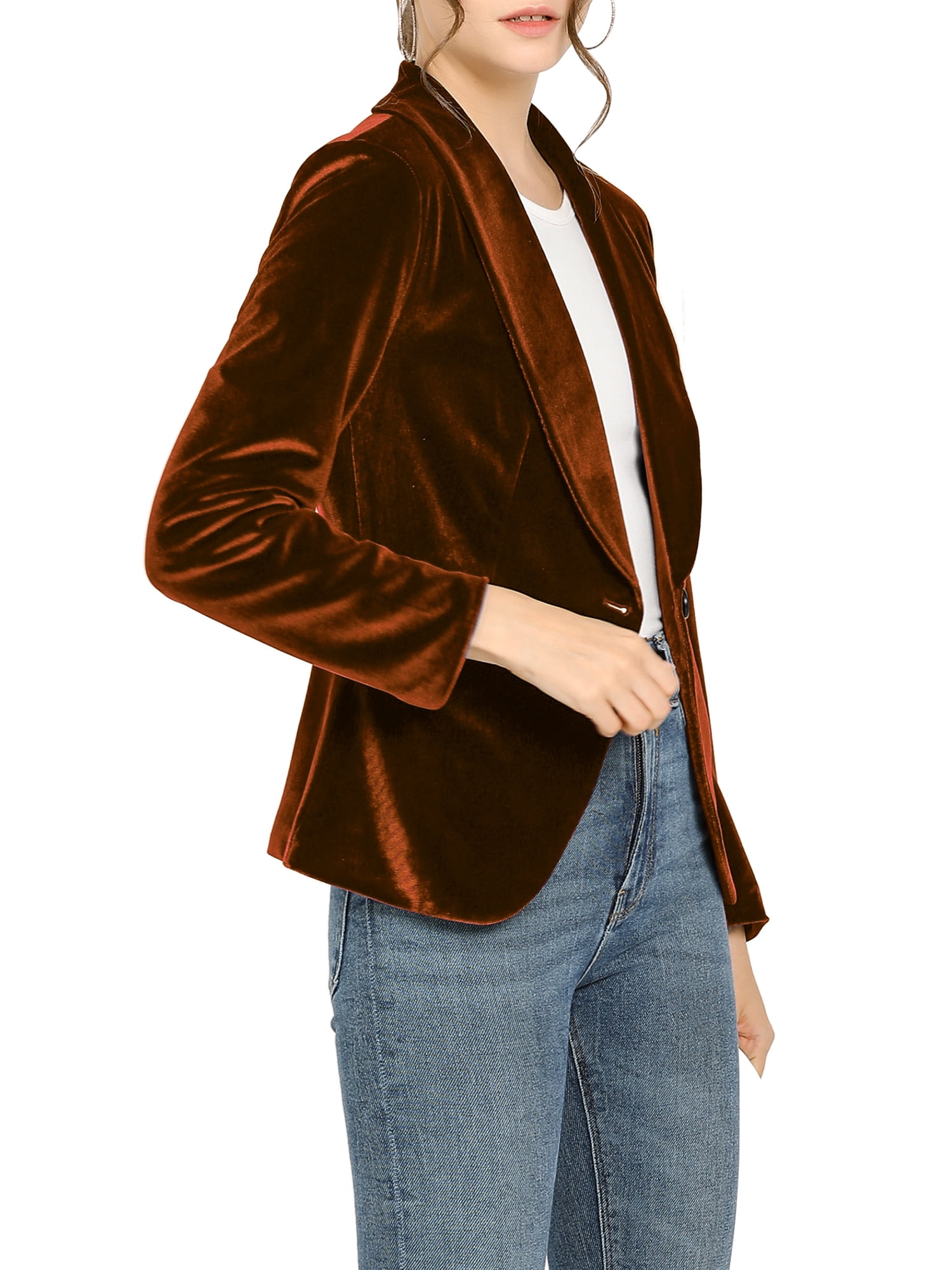 DARING DIVA Women's Velvet Office Coat Solid Shawl Collar Blazer XS Brown