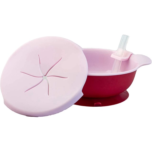 Plato para refrigerios con pajita extraíble y base de succión (rosa)