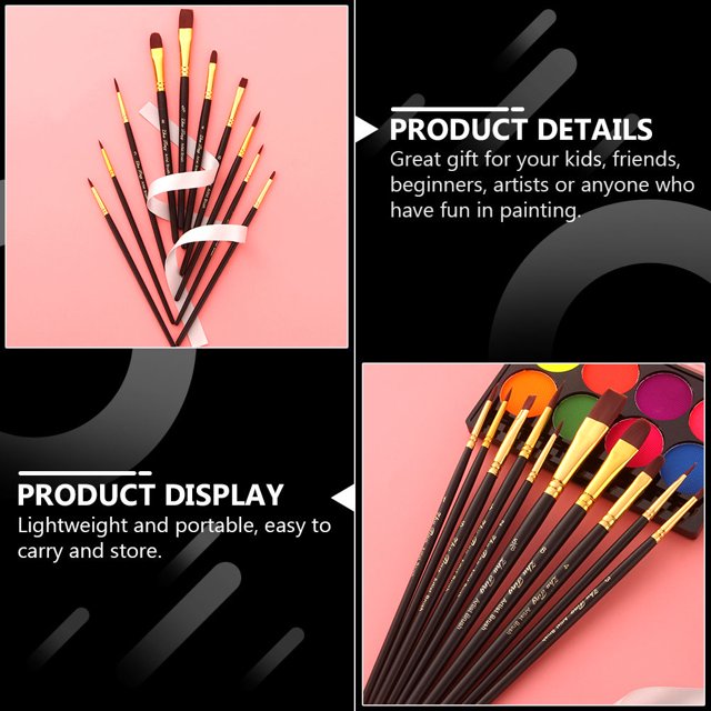 KALLORY 10Ud Pinceles Para Pintura Artística Con De Nylon Y Mango De Madera Negro