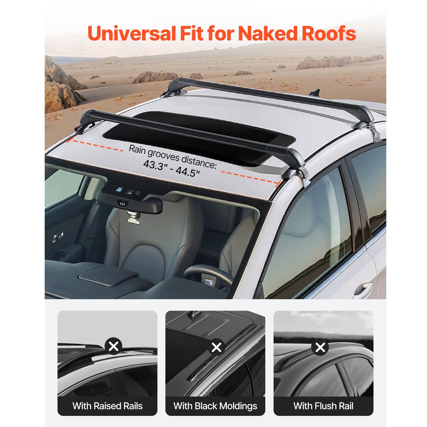 KFFKFF Universal Roof Rack Cross Bars, Suitable for Vehicles Without Raised Rails or Flush Rail, 165 LBS Load Capacity, Lockable Aluminum Crossbar for Rooftop Luggage and Canoe