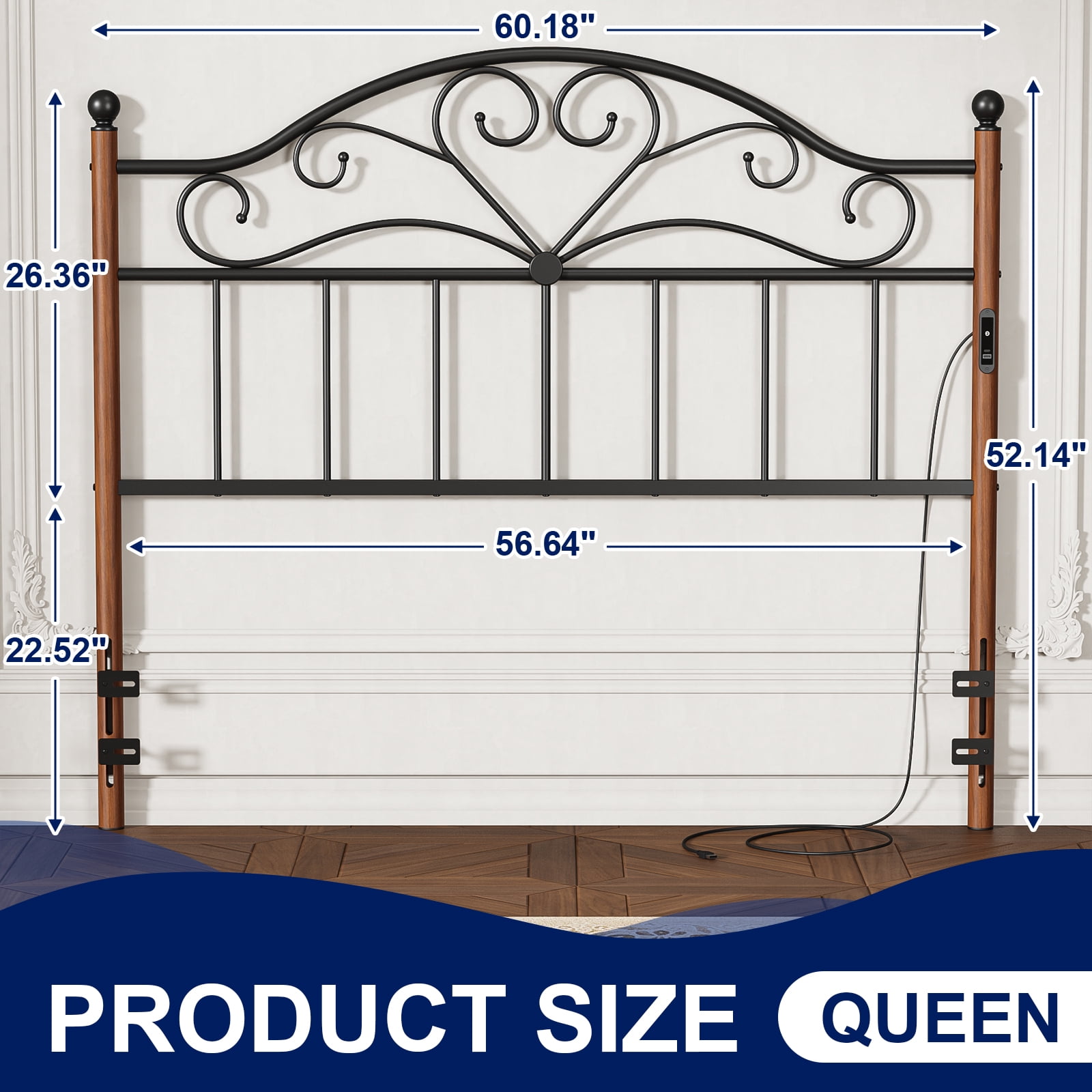 Yoneston Vintage Metal Queen Headboard with Charging and 3-Level Height Adjustment for Queen Adult Bed, Black