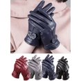 thumbnail image 1 of Guantes de cuero para mujer, cálidos, de piel de cordero auténtica, resistentes al viento y de poliuretano (azul marino)., 1 of 5