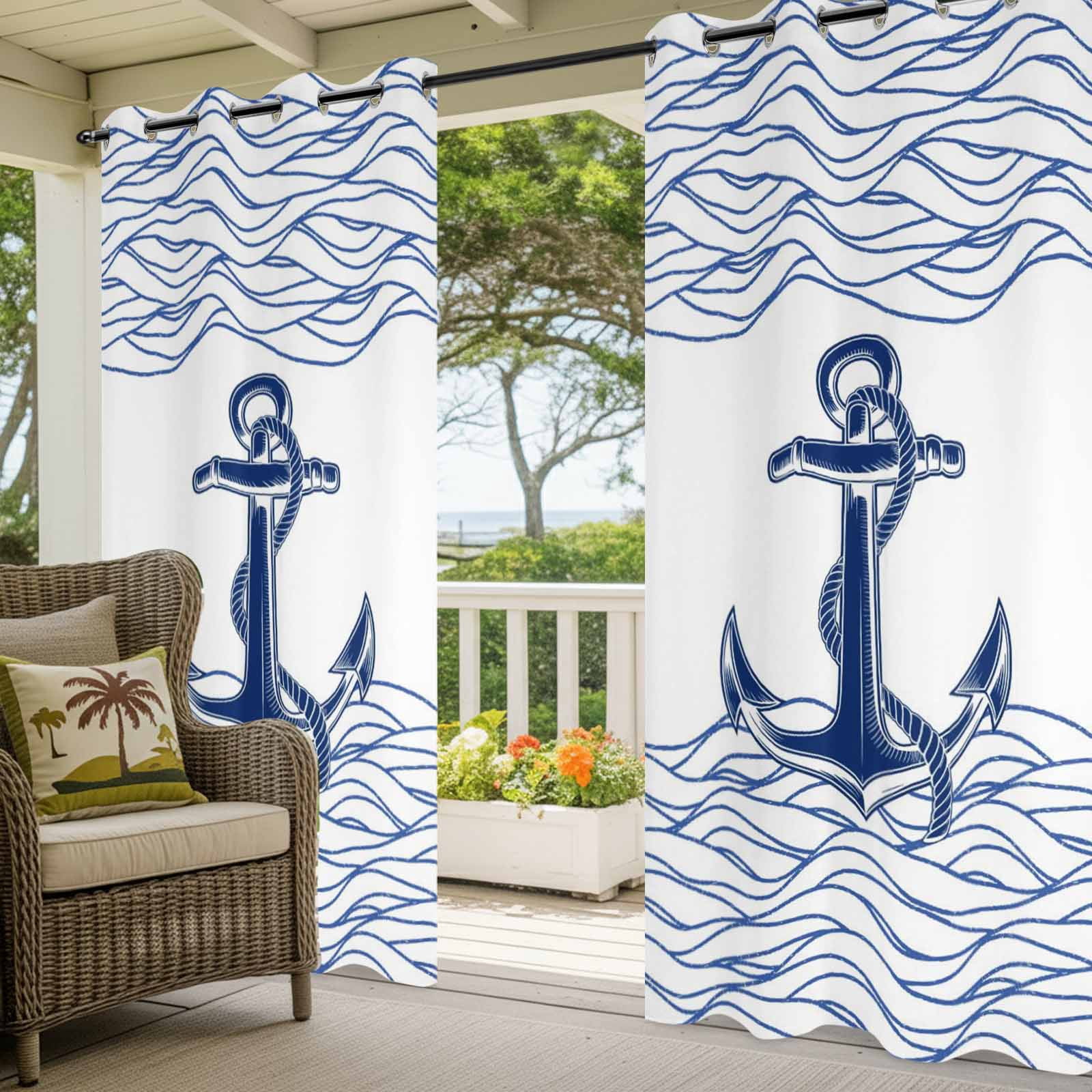Blue White Anchor Outdoor Curtains for Patio, Nautical Navy Blue Ocean Waves Anchor Sunshade Privacy Drapes Grommet Waterproof Outside Curtains for Porch/Cabana/Balcony 54"x 95", 2 Panel