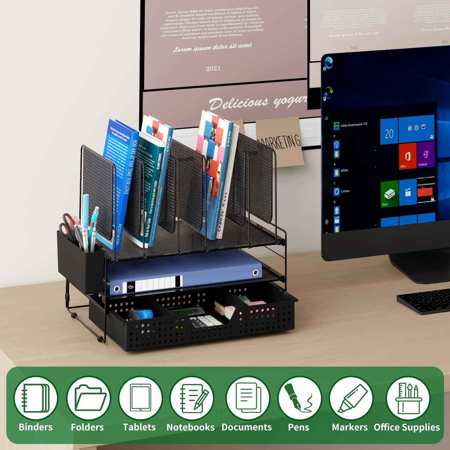 Desk Organizer, Office Organization with Vertical File Holder, Organizer Drawer and Pen Accessories Workspace Organizers for Home (Black)