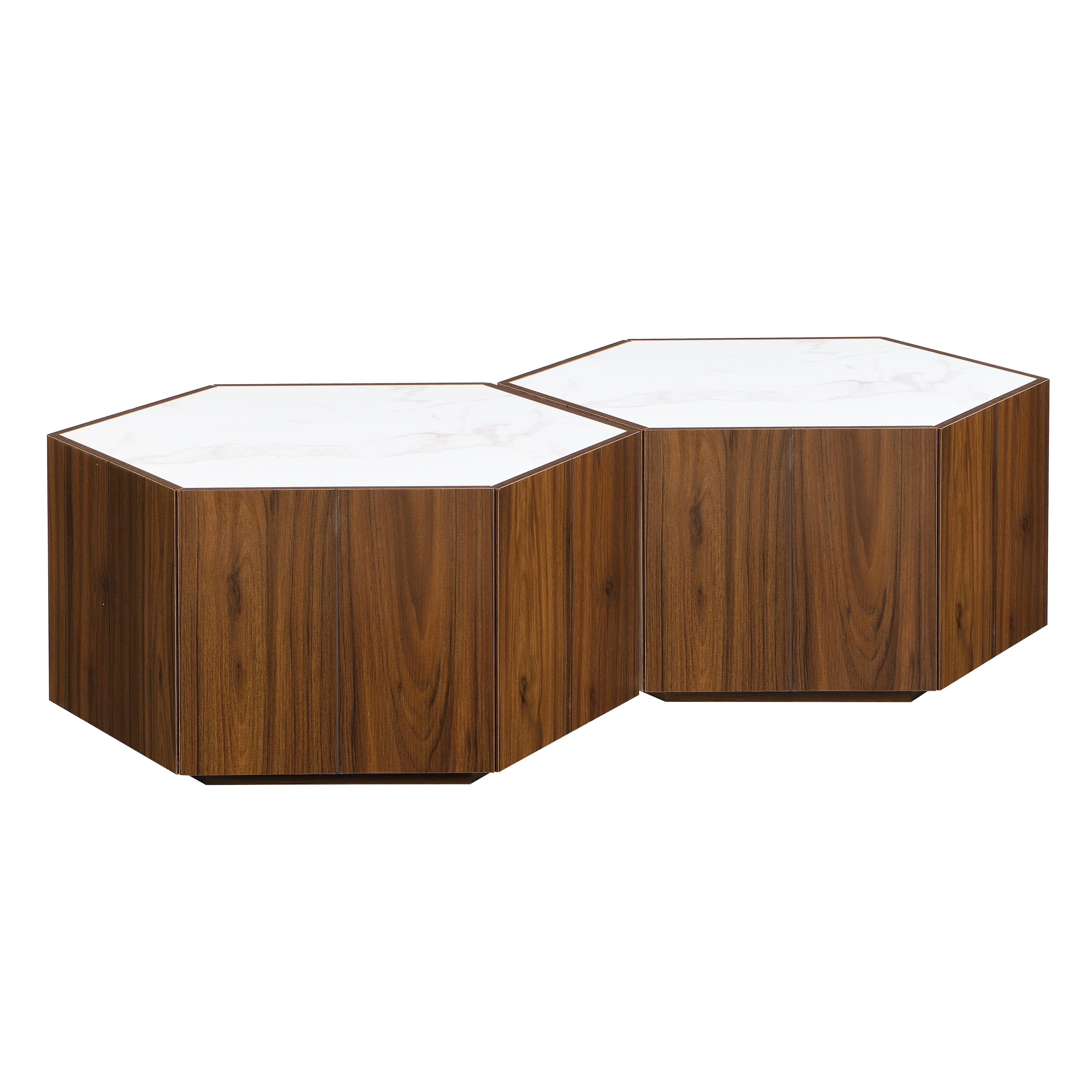 Euroco Hexagonal Rustic Retro Wood Coffee Table, with 2 Hidden Drawers, Textured White Marble Tops, Walunt Oak Finish - Perfect for Living Room & Reception Areas