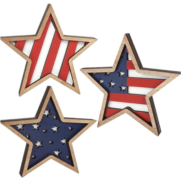Wooden Stars Decorations, Patriotic Memorial Day Star Tiered Tray Decor Set of 3, Fourth of July Red White Blue Decoration for Home Office Table Shelf(Style C)