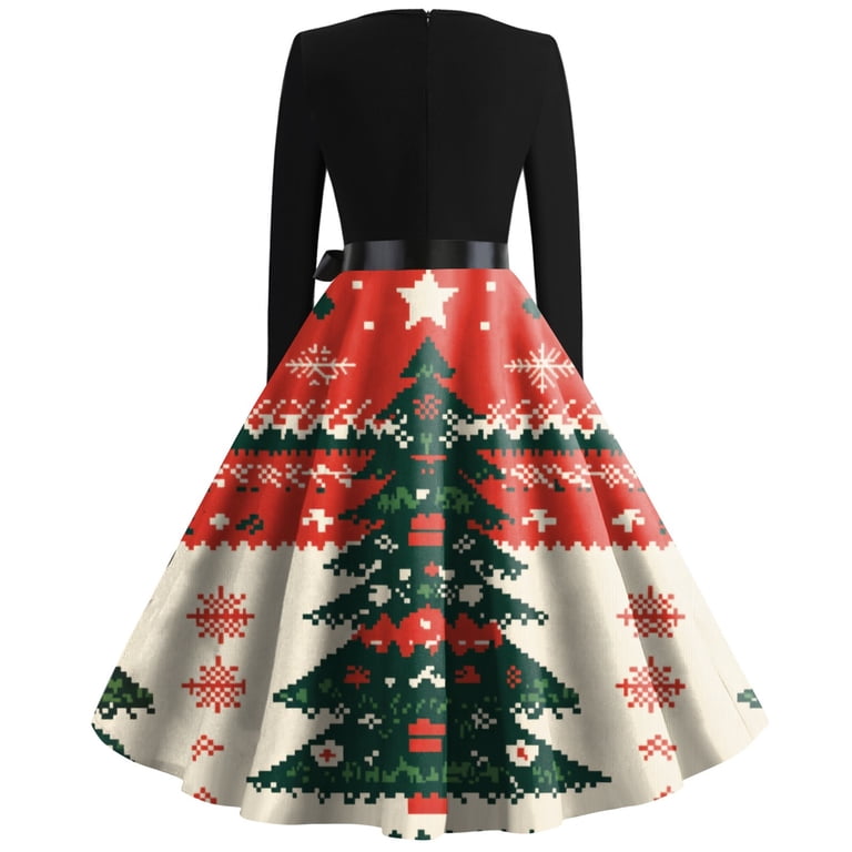 christmas dress 5xl Qwertyu Womens Santa Snowflake Print Vintage Fall Dresses with Belt Knee-Length Christmas Prom Dress Hot Pink #pine