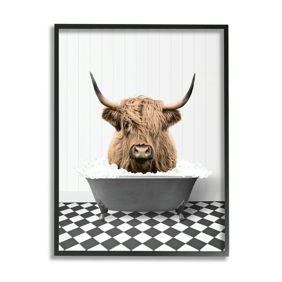 Stupell Industries Cattle in Checkered Bathroom Animals & Insects Painting Black Framed Art Print Wall Art, 11 x 14
