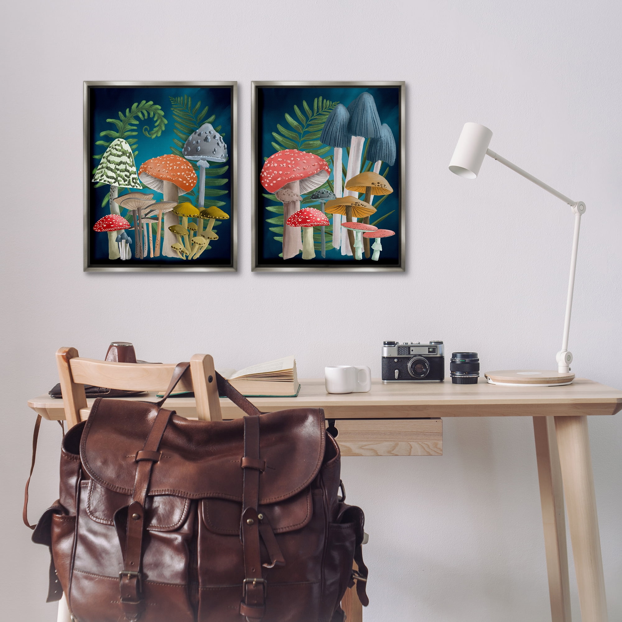 Stupell Industries Mushroom Varieties Forest Ferns Plants & Flowers Painting Gray Floater Framed Canvas Art Print Wall Art, 17 x 21, Set of 2