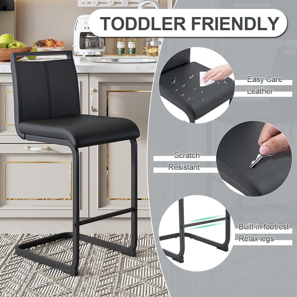 Lecut Counter Height Bar Stools Set of 2, 25" Modern Leather Upholstered Bar Stools with Back and Metal Frame, Kitchen Island Bar Stools for Dining Room, Pub, Bar