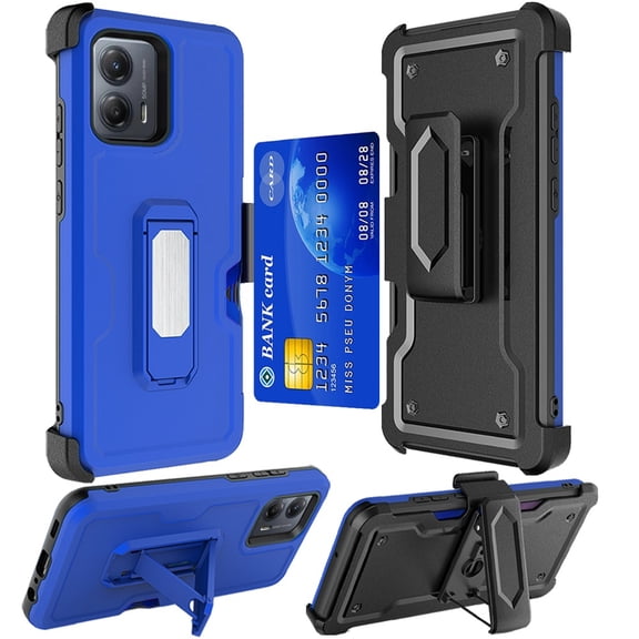 Military Grade Ultra Rugged Hybrid Kickstand Case with Card Slot and Belt Clip Holster for Motorola Moto G Power 2025 - Blue