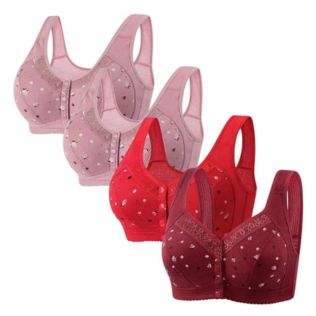 4 Pcs Cotton Bras for Women No Wireless Everyday Bra 2025 Soft Front Close Button Bralette for Older Women Plus Size Bra And Panty Set Sport Bras for Women 10-12