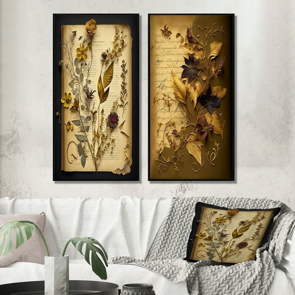 Designart "Vintage Wildflowers Dried Beauties I" Abstract Botanicals Framed Wall Art Set Of 2 - Modern Gold Gallery Wall Frame Set For Home Decor