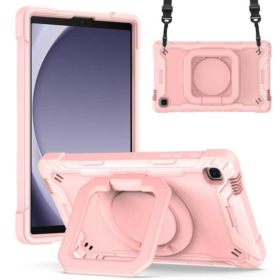 For Apple iPad 9th /8th /7th Gen 10.2 inch Tough Hybrid 3 in 1 Case with 180° Rotating Kickstand, Adjustable Shoulder Strap, Shockproof TPU Rubber PC Case Cover [Rose Gold]